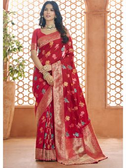 Mysilklove - Dark Fire Red Woven Banarasi Saree