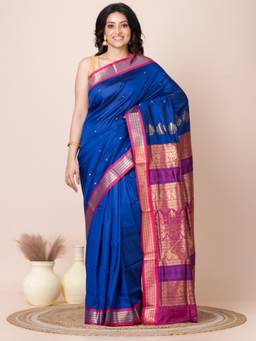 LAA CALCUTTA - Blue and Magenta Zari Work Bombkai Silk Saree