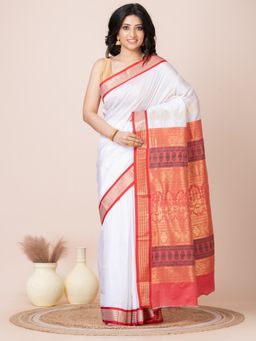 LAA CALCUTTA - White and Red Zari Work Bombkai Silk Saree
