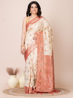 LAA CALCUTTA - Cream and Red All Over Zari Work Katan Silk Benarashi Saree