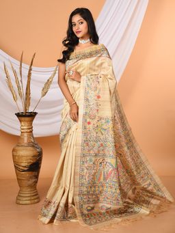 LAA CALCUTTA - Beige and Multi Madhubani Printed Tussar Silk Saree