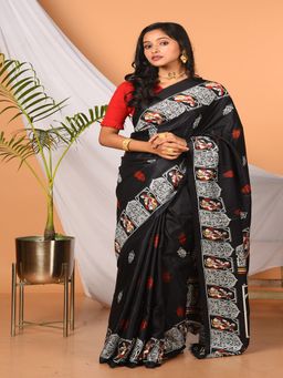LAA CALCUTTA - Black and Multi Printed Semi Pure Silk Saree