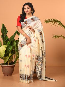 LAA CALCUTTA - Off White and Multi Printed Semi Pure Silk Saree