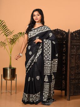 LAA CALCUTTA - Black and White Printed Semi Pure Silk Saree