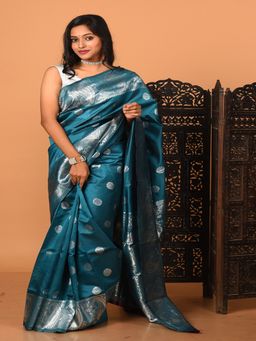 LAA CALCUTTA - Turquoise Blue and Silver All Over Zari Work Silk Banarasi Saree