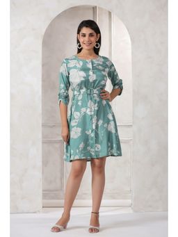 KAFTANIZE - Aqua Green Bold Floral Printed Mini Dress with Belt In Russian Silk (Set of 2)