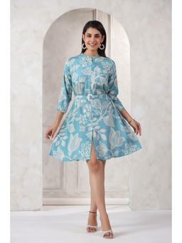 KAFTANIZE - Turquoise Blue Russian Silk Floral Print Mini Dress with Belt (Set of 2)