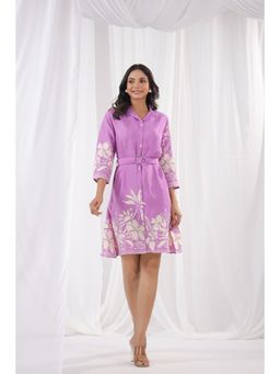 KAFTANIZE - Purple Russian Silk Floral Print Mini Dress with Belt (Set of 2)