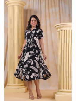 KAFTANIZE - Black Bold Flower Abstract Printed Shawl Collar Dress