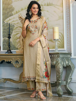 MOJILAA - Khaki Viscose Silk Floral Embroidered Kurta with Palazzo & Dupatta (Set of 3)