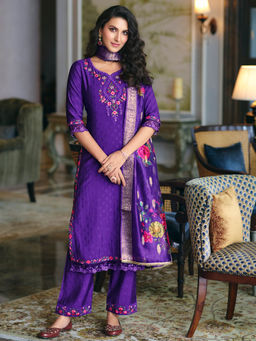 MOJILAA - Purple Viscose Silk Floral Embroidered Kurta with Palazzo & Dupatta (Set of 3)