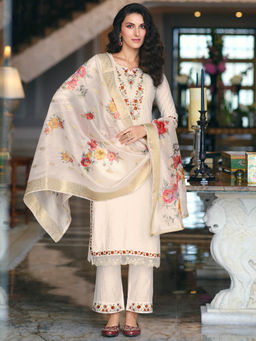 MOJILAA - Off-White Viscose Silk Floral Embroidered Kurta with Palazzo & Dupatta (Set of 3)