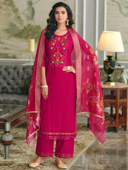 MOJILAA - Fuchsia Pink Viscose Silk Floral Embroidered Kurta with Palazzo & Dupatta (Set of 3)