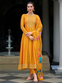 MOJILAA - Orange Vichitra Silk Floral Embroidered Anarkali Kurta with Pant & Dupatta (Set of 3)