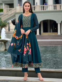 MOJILAA - Teal Vichitra Silk Floral Embroidered Anarkali Kurta with Pant & Dupatta (Set of 3)