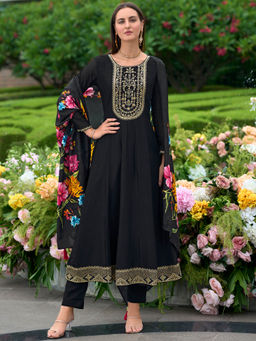 MOJILAA - Black Vichitra Silk Floral Embroidered Anarkali Kurta with Pant & Dupatta (Set of 3)