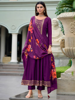 MOJILAA - Purple Vichitra Silk Floral Embroidered Anarkali Kurta with Pant & Dupatta (Set of 3)