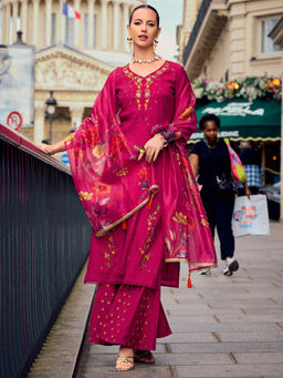 MOJILAA - Magenta Milan Silk Floral Embroidered Kurta with Palazzo & Dupatta (Set of 3)