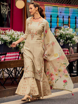 MOJILAA - Khaki Milan Silk Floral Embroidered Kurta with Palazzo & Dupatta (Set of 3)