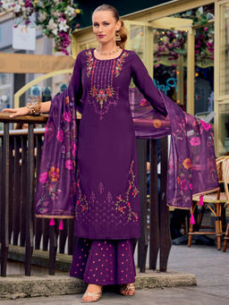 MOJILAA - Purple Milan Silk Floral Embroidered Kurta with Palazzo & Dupatta (Set of 3)