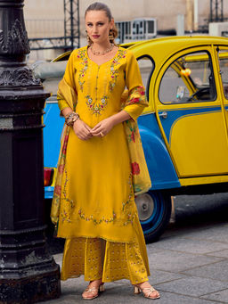 MOJILAA - Mustard Milan Silk Floral Embroidered Kurta with Palazzo & Dupatta (Set of 3)