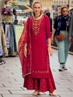 MOJILAA - Maroon Milan Silk Floral Embroidered Kurta with Palazzo & Dupatta (Set of 3)