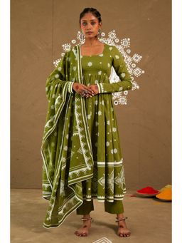 Pink Cactii - Mehendi Green Mul Cotton Round Neck Anarkali Kurta with Pant & Dupatta (Set of 3)