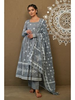 Pink Cactii - Akshi Grey Mul Cotton Round Neck Anarkali Kurta with Pant & Dupatta (Set of 3)