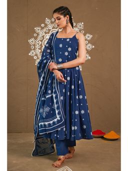 Pink Cactii - Anika Blue Mul Cotton Anarkali Kurta with Pant & Dupatta (Set of 3)