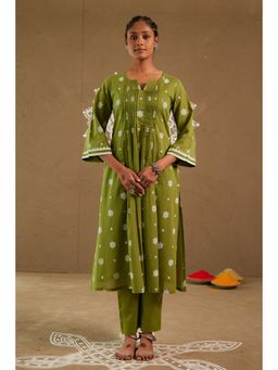 Pink Cactii - Bhakti Green Mul Cotton Pin Tucks Kurta