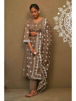 Pink Cactii - Gerua Brown Mul Cotton Pin Tucks Kurta and Pant with Dupatta (Set of 3)