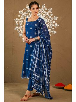 Pink Cactii - Gagan Blue Cotton Sleeveless Kurta and Pant with Dupatta (Set of 3)