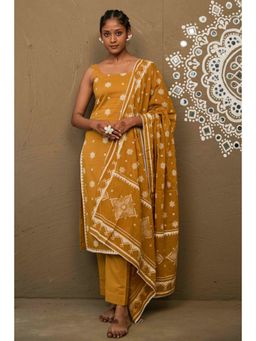 Pink Cactii - Urvi Ochre Cotton Sleeveless Kurta and Pant with Dupatta (Set of 3)