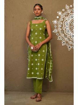 Pink Cactii - Ratna Green Cotton Sleeveless Kurta and Pant with Dupatta (Set of 3)