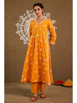 Pink Cactii - Basanti Orange Mul Cotton Side Slit Anarkali Kurta with Pant & Dupatta (Set of 3)