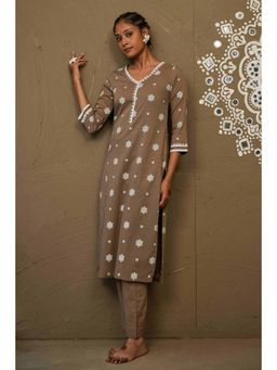 Pink Cactii - Karwa Brown Mul Cotton V Neck Straight Kurta