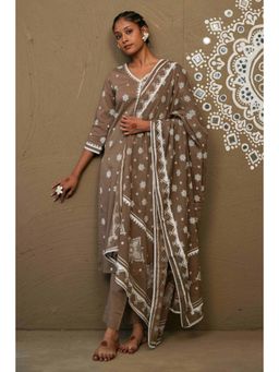 Pink Cactii - Karwa Brown Mul Cotton V Neck Straight Kurta and Pant with Dupatta (Set of 3)