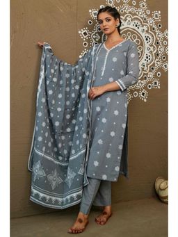 Pink Cactii - Ganga Grey Mul Cotton V Neck Straight Kurta and Pant with Dupatta (Set of 3)