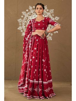 Pink Cactii - Swastik Red Cotton Lightweight Lehenga Choli with Dupatta (Set of 3)