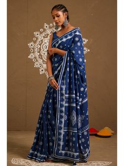 Pink Cactii - Saundh Blue Cotton Printed Saree with Unstitched Blouse