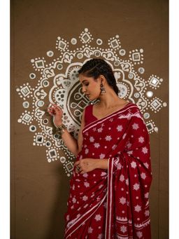 Pink Cactii - Pooja Red Cotton Printed Saree with Unstitched Blouse