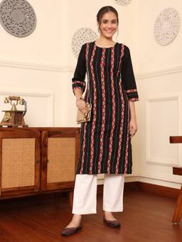 SAVI - Black Cotton Detailed Straight Kurta