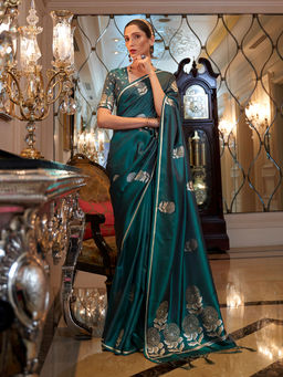 Odette - Festive Green Satin Woven Saree with Unstitched Blouse