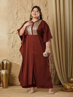 Miss Chase - A+ Curve Collection Plus Size Women Brown Mandarin Collar Kaftan Set