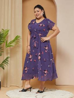 Miss Chase - A+ Curve Collection Plus Size Women Purple Pleated Midi Dress