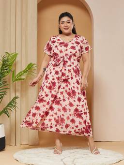 Miss Chase - A+ Curve Collection Plus Size Women Pink Floral Pleated Midi Dress