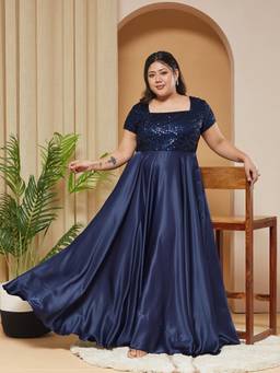 Miss Chase - A+ Curve Collection Plus Size Women Navy Blue Fit & Flare Maxi Dress