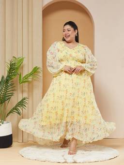Miss Chase - A+ Curve Collection Plus Size Women Yellow Gathered Chiffon Maxi Dress