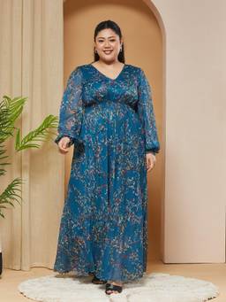 Miss Chase - A+ Curve Collection Plus Size Women Teal Chiffon Maxi Dress