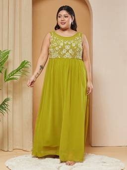 Miss Chase - A+ Curve Collection Plus Size Women Green Georgette Gathered Maxi Dress